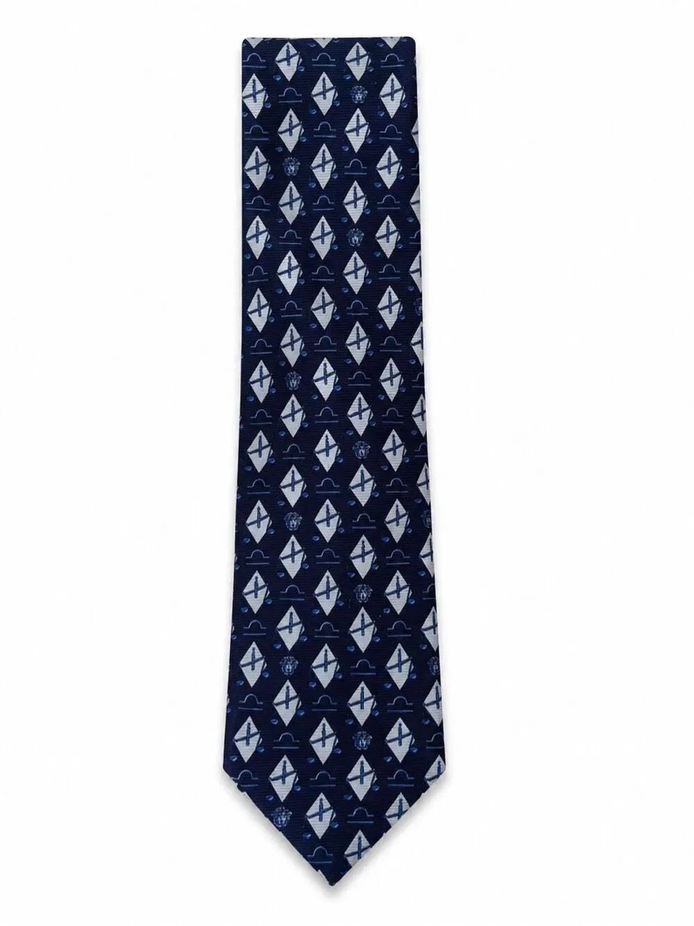 Vintage Gianni Versace Libra Zodiac Silk Tie Navy Blue Medusa Made in Italy 1990